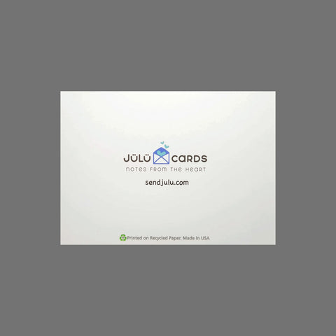 Back of a JuLu Cards greeting card (Pack of 8 - Blue Butterfly With Sprigs and Wildflowers, 10109) on gray with logo, slogan Notes from the Heart, sendjulu.com, watercolor design, recycled paper, made in USA. Blank inside.