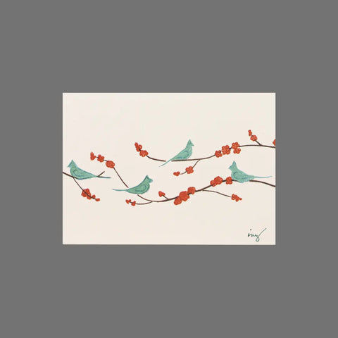 JuLu Cards’ Pack of 8 - Bluebirds on Tree Branches With Red Leaves (10026) features minimalist blue birds with red leaves on a cream and gray background, ideal for 3.5 x 5 greeting cards or envelopes.