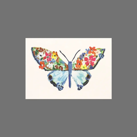JuLu Cards Pack of 8 - Butterfly With Flowers on Upper Wings (10031): features a butterfly with floral upper wings, light blue lower wings outlined in dark blue, and a plain white background. Includes envelopes.