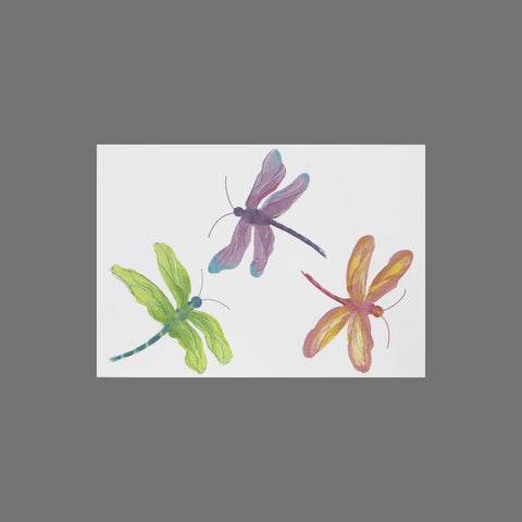 JuLu Cards Pack of 8 - Three Dragonflies (10081) features a watercolor design of green, purple, and orange dragonflies on white, centered in a gray frame—ideal for 3.5 x 5 greeting cards with matching envelopes.