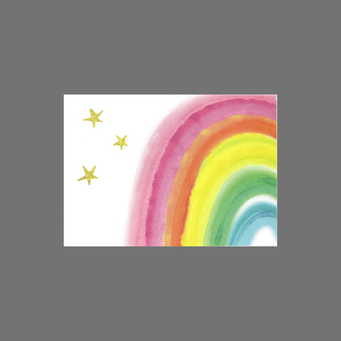 The JuLu Cards Pack of 8 - Stars and Rainbow (10083) features a 3.5 x 5 card with a six-band rainbow arcing from the lower right, three yellow stars on a white background, and a gray border—perfect for pairing with your favorite envelopes.