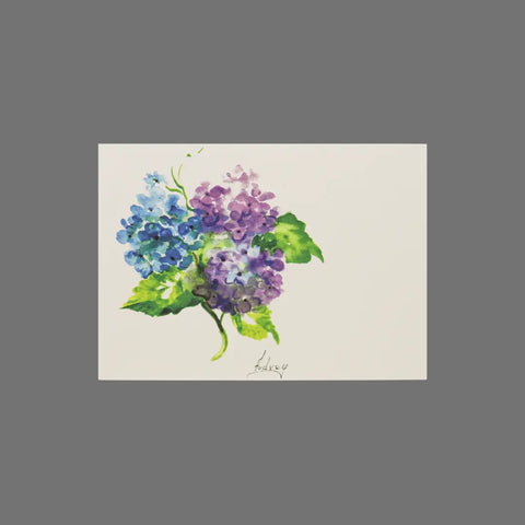JuLu Cards Pack of 8 - Hydrangea Purple and Blue Flowers (10054) features watercolor hydrangeas in blue and purple with green leaves, set on white with a solid gray border—ideal for 3.5 x 5 cards or envelopes.