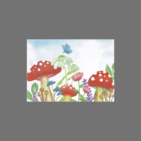 JuLu Cards’ Pack of 8 - Mushrooms, Butterfly and Flowers (10085) features a watercolor design with red mushrooms, wildflowers, green plants, and a blue butterfly—ideal for 3.5 x 5 cards or envelopes.