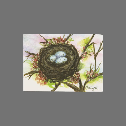 Pack of 8 - Robin Eggs in Nest (10067) by JuLu Cards: 3.5 x 5 cards feature Caryn’s watercolor of a bird’s nest with blue speckled eggs on a blossoming branch against a pastel sky. Includes envelopes; artist signature in lower right.