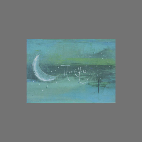 The JuLu Cards Pack of 8 Thank You cards (10044) features a blue-green watercolor crescent moon, stars, and a dragonfly on gray—perfect for greeting cards of any size.