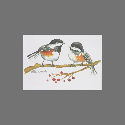 JuLu Cards Pack of 8 – Two Robins on a Branch (10084) features watercolor robins on a berry branch, set against a white background—ideal for 3.5 x 5 cards or pairing with matching envelopes.