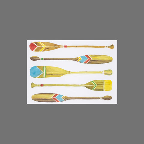 JuLu Cards’ Pack of 8 - Colorful Oars (10100) features watercolor oar designs with vibrant geometric patterns on white with a gray border, ideal for adding artistic flair to your 3.5 x 5 cards or envelopes.