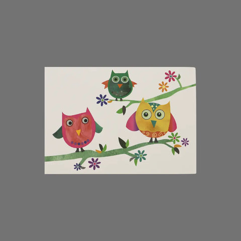 JuLu Cards Pack of 8 - Three Owls on Branches (10024) features a vibrant design of three owls on leafy branches with colorful flowers, bordered in gray—ideal for 3.5 x 5 greeting cards or envelopes.