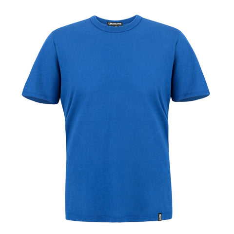 The Fireside Pine Shore Pine - Navy Peony Relaxed Fit T-Shirt features short sleeves and a crew neck in solid bright blue, crafted for comfort and ideal for sustainable fashion enthusiasts.