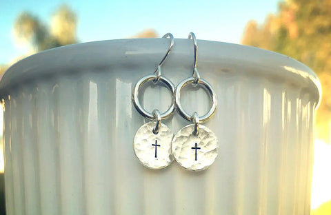Silver Cross Disc Earrings Liberty Cottage Design 