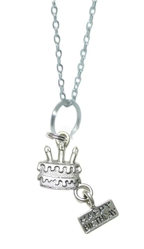 Silver Pewter Birthday Cake Charm Necklace 18 Inch Stainless Steel Chain – Gift Jewelry for Women and Girls | Made in USA Michelle Marie Boutique  Necklace
