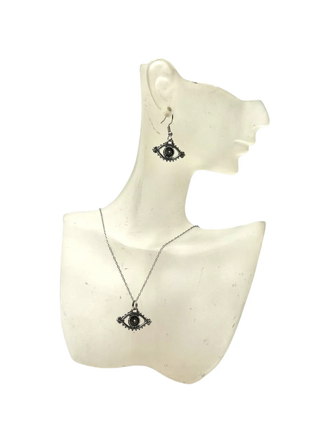 Silver Pewter Evil Eye Jewelry Set – 18 Inch Necklace with Dangle Earrings | Handcrafted Made in USA Protection Jewelry Michelle Marie Boutique  Jewelry Sets
