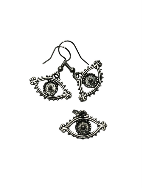 Silver Pewter Evil Eye Jewelry Set – 18 Inch Necklace with Dangle Earrings | Handcrafted Made in USA Protection Jewelry Michelle Marie Boutique  Jewelry Sets