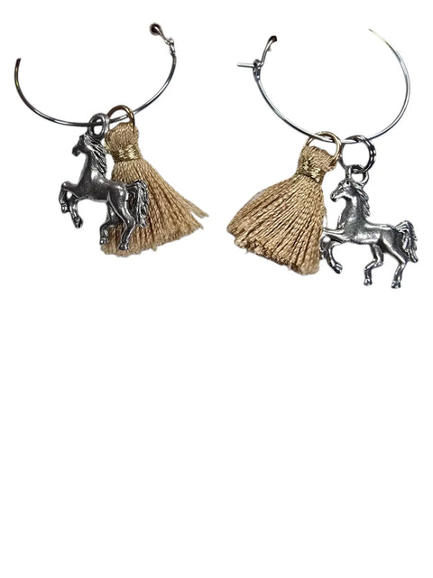 Silver Stainless Steel Hoop Earrings With Brown Tassel And Horse Pewter Charms – Handmade Equestrian Jewelry | Made In USA Michelle Marie Boutique  Earrings