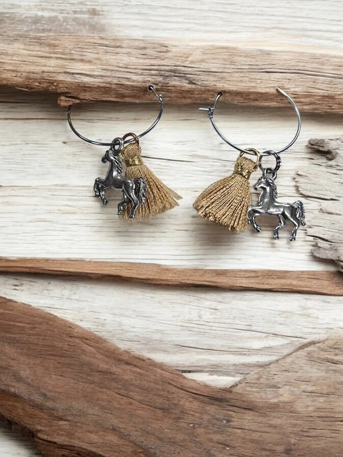 Silver Stainless Steel Hoop Earrings With Brown Tassel And Horse Pewter Charms – Handmade Equestrian Jewelry | Made In USA Michelle Marie Boutique  Earrings