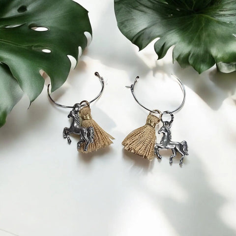 Silver Stainless Steel Hoop Earrings With Brown Tassel And Horse Pewter Charms – Handmade Equestrian Jewelry | Made In USA Michelle Marie Boutique  Earrings
