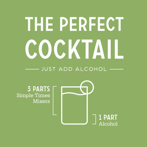 A green graphic titled The Perfect Cocktail: Just Add Alcohol shows a drink diagram with 3 parts Simple Times Mixers Simple Margarita, made with organic cane sugar and blood orange zest, to 1 part alcohol.