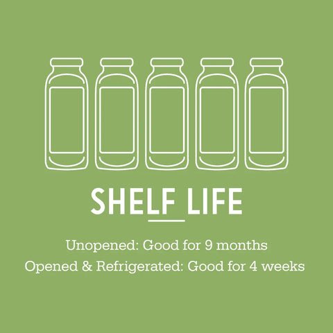 Five outlined bottles on a green background above SHELF LIFE. Simple Margarita by Simple Times Mixers is crafted with organic cane sugar. Unopened: lasts 9 months; opened & refrigerated: 4 weeks. Ideal for margarita cocktail mixers.