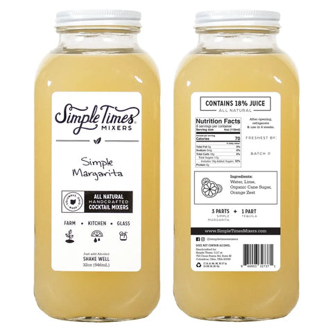 Two bottles of Simple Times Mixers Simple Margarita cocktail mixer are shown, displaying front and back labels with ingredients, nutrition facts, branding, and the light yellow liquid inside.