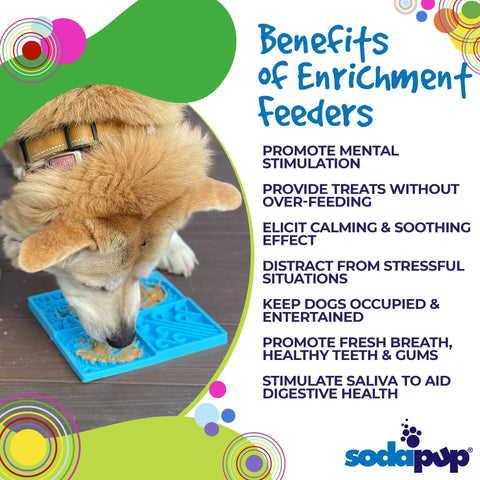 A dog enjoys food on the blue Sky Design EMat Enrichment Lick Mat by SodaPup. Text highlights benefits like mental stimulation, entertainment, healthier teeth, and improved dog digestive health. Colorful circles complete the look.