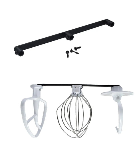 The Chatelet Manufacturing Slim Profile Mixer Organizer Mount stores your KitchenAid mixer accessories—flat beater, wire whisk, and dough hook—on the wall or under cabinets for space-saving convenience. Made in the USA. Screws included.