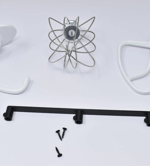 Chatelet Manufacturing’s Slim Profile Mixer Organizer Mount neatly displays all Kitchen Aid mixer accessories—dough hook, wire whisk, and flat beater—for smart space-saving on your wall or under cabinets. Made in the USA.