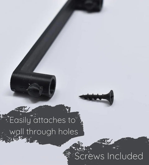 A close-up of a black metal handle with install holes and a matching screw. Text: Chatelet Manufacturing Slim Profile Mixer Organizer Mount—space-saving holder for all Kitchen Aid mixer accessories. Wall or cabinet mount; screws included. Made in USA.