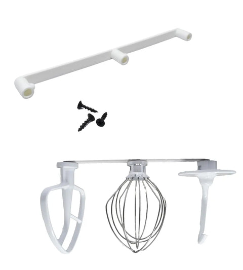 The Chatelet Manufacturing Slim Profile Mixer Organizer Mount saves space by neatly storing all KitchenAid mixer accessories on your wall or under cabinets; includes three hooks, black screws, and is made in the USA.