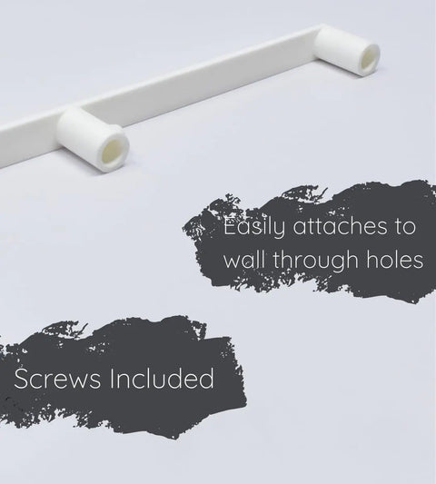 A white Slim Profile Mixer Organizer Mount by Chatelet Manufacturing rests on a white surface. Text: Easily attaches to wall, screws included—a space-saving solution for all Kitchen Aid mixer accessories, made in USA.