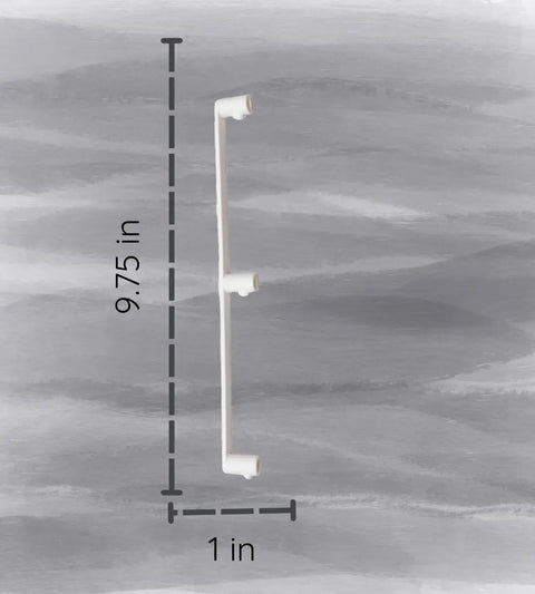 The Chatelet Manufacturing Slim Profile Mixer Organizer Mount, made in the USA, measures 9.75 x 1 and offers a space-saving way to store all Kitchen Aid mixer accessories on your wall or under cabinets. Shown in white with three knobs against a gray background.