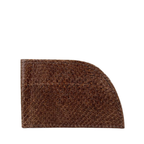 The Rogue Industries Rogue Front Pocket Wallet in textured brown salmon leather features a unique curved right edge, crafted sustainably and shown upright against a white background.