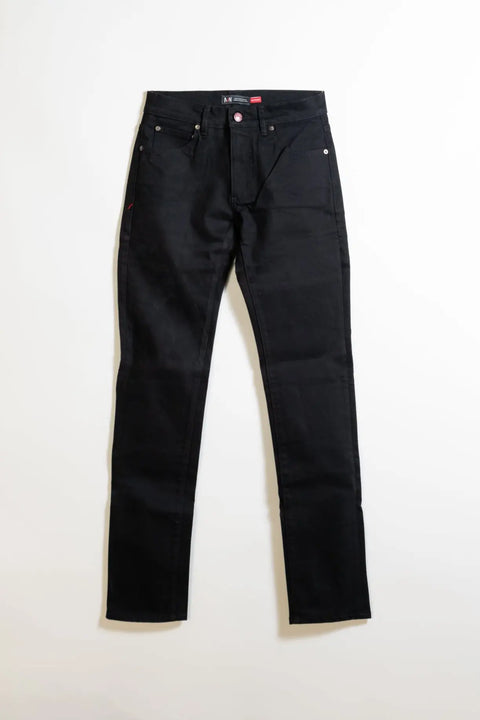 The Marc Nelson The Nelson Black Denim jeans, featuring a straight slim cut, are displayed flat front-side up on a white background with pockets, belt loops, and a visible waistband button.