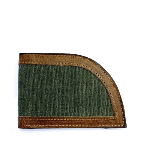 The Rogue Industries Waxed Canvas Front Pocket Wallet features brown leather trim and a curved leather accent, shown closed on a white background.