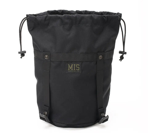 The MIS Compression Stuff Sack Small in black is made from water-resistant Cordura Nylon and features side toggles, two front vertical straps, a wide open top, a front MIS Made in USA logo patch, and a 9L capacity.