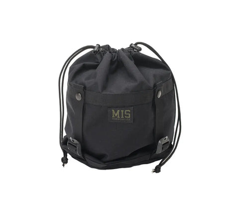 The MIS Compression Stuff Sack Small in black is made from durable Cordura Nylon, holds 9L, and features a front MIS label, side snap buttons, drawstring closure, and adjustable bottom straps.