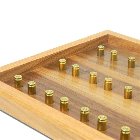 The ORIGINAL Brass Casing Challenge Coin Display - Small by Legacies of America Woodworking Company is an American-made wooden display featuring a grid of upright brass bullet casings in rows, all within a sturdy wood frame.