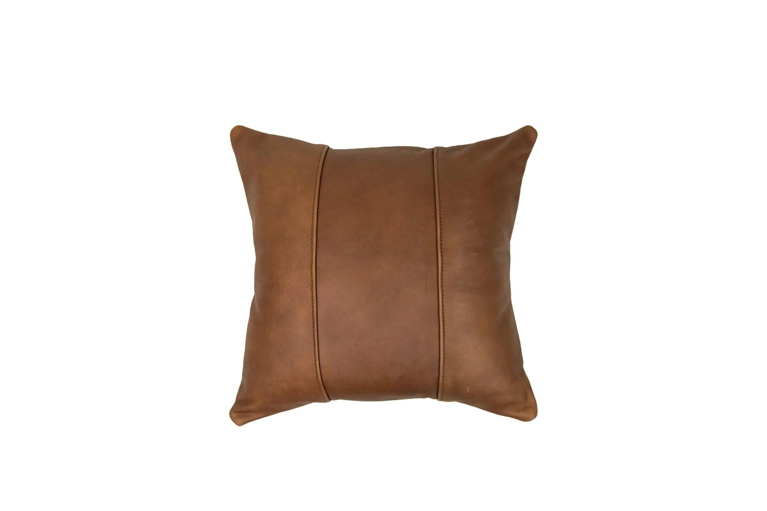 The Small Leather Pillow by Urban Southern features full-grain brown leather with two vertical stitched lines. Made in America, this square pillow brings timeless style to your space and is pictured on a plain white background.