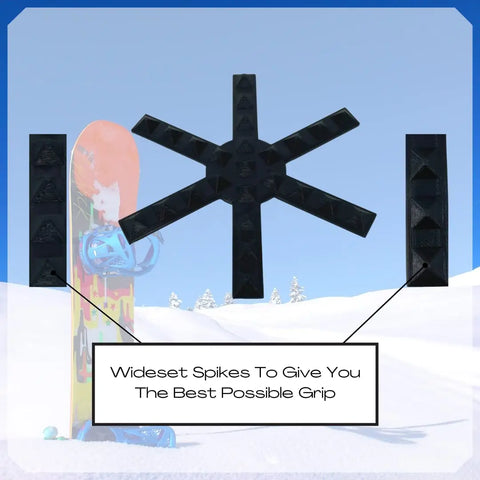 A snowboard sits in snowy terrain under a blue sky. Above, Chatelet Manufacturing’s Snowboard Stomp Pad—Snowflake Spike Pattern—is shown, designed for superior grip and adhesion on your snowboard.