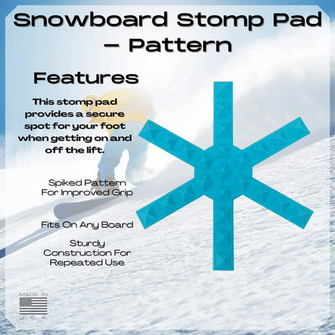 A promotional flyer for the Chatelet Manufacturing Snowboard Stomp Pad—Snowflake Spike Pattern showcases its blue spiked design and highlights improved grip, secure placement, all-board fit, and durable construction.
