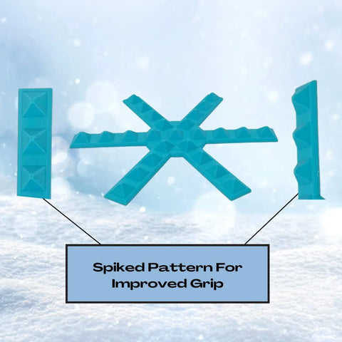 Blue plastic Chatelet Manufacturing Snowboard Stomp Pads featuring a snowflake spike pattern are shown on snow. Text highlights Spiked Pattern For Improved Grip, showcasing this durable pads enhanced traction and adhesion for snowboards.
