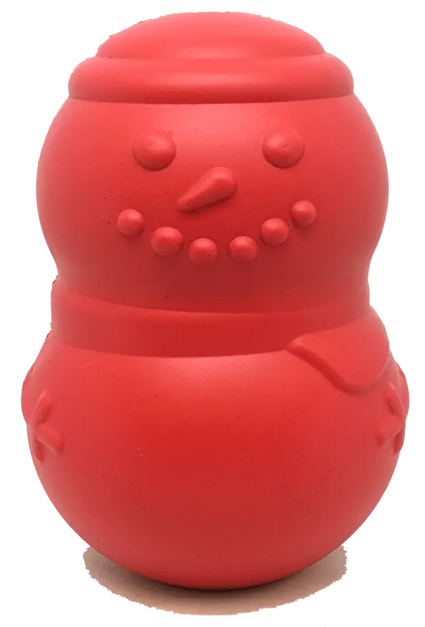The SodaPup Snowman EDispenser is a durable red rubber chew toy and treat dispenser, made in the USA, shaped like a snowman with simple molded facial features and buttons.