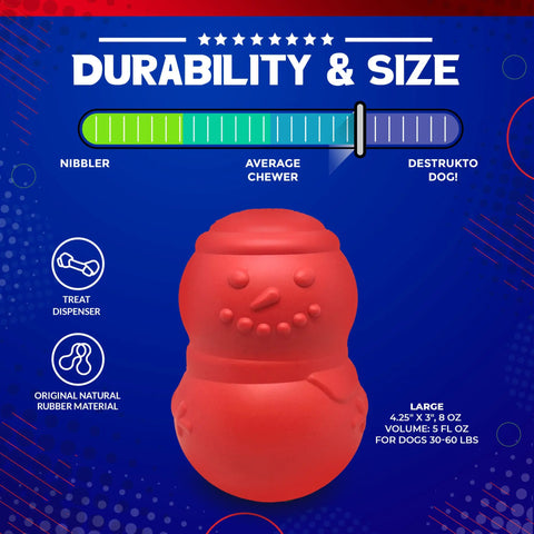 The SodaPup Snowman EDispenser Durable Rubber Chew Toy & Treat Dispenser, shown on a blue background, is ideal for dogs 30-60 lbs and tough chewers—offering near Destrukto Dog! durability and a treat-dispensing feature.