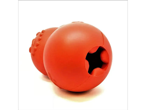 The SodaPup Snowman EDispenser Durable Rubber Chew Toy & Treat Dispenser, made in the USA, is a red toy with a hollow center and textured bumps for treats. Shown on a white background.