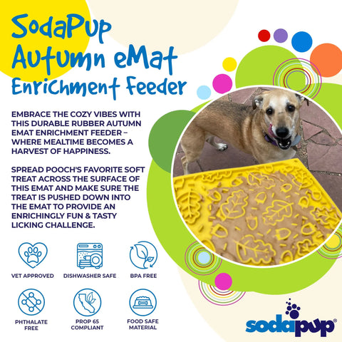A content dog lounges by a bright yellow SodaPup Autumn Design EMat Enrichment Lick Mat with raised leaf patterns. The text showcases its food enrichment benefits, safety, and durability, while playful colorful circles compliment the scene.