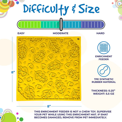 The SodaPup Autumn Design EMat Enrichment Lick Mat is an 8x8 yellow TPE mat with a leaf pattern, 0.25 thick, weighing 5.5 oz. Shown with safety notes, its ideal for canine enrichment and offers moderate challenge.