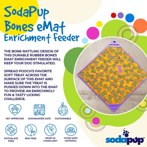 Colorful ad for SodaPup Bones Design eMat Enrichment Lick Mat shows a purple and yellow dog lick mat, highlights key features, and icons for vet-approved, dishwasher safe, sustainable, BPA-free, and phthalate-free.