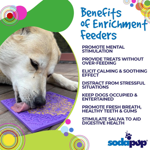 A dog enjoys a purple Bones Design EMat Enrichment Lick Mat from SodaPup. Text on the right highlights benefits: mental stimulation, calming effects, dental health, and improved digestive health with enrichment feeders.