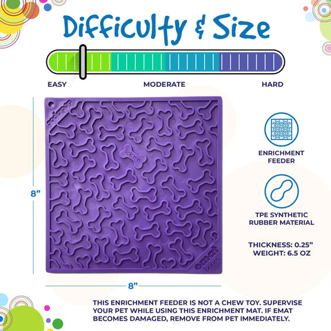 The SodaPup Bones Design EMat Enrichment Lick Mat is a purple, square dog toy with a bone pattern, measuring 8 x 8 x 0.25. It offers moderate difficulty and includes material, supervision, and safety info on the packaging.