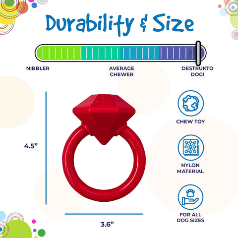 The SodaPup Diamond Ring Durable Teething Ring is a red nylon dog chew toy with a diamond-shaped top, measuring 4.5 x 3.6 inches, veterinarian approved for strong chewers, and suitable for dogs of all sizes.