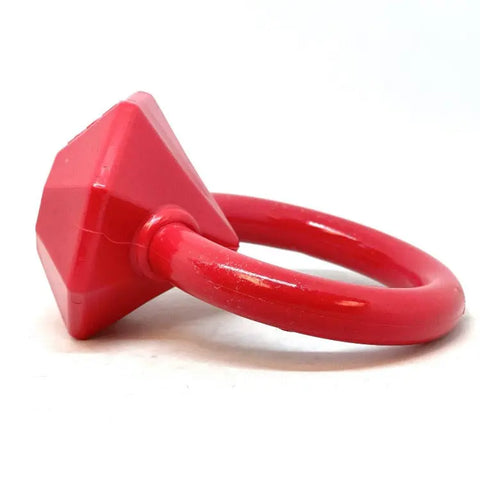 The SodaPup Diamond Ring Durable Teething Ring is a large, bright pink plastic dog chew toy with a faceted diamond-shaped top, shown on a white background.